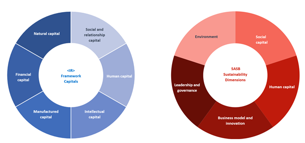 2个甜甜圈图。左边的蓝色图表显示了IR框架资本:自然资本，社会和关系资本，人力资本，智力资本，制造资本，金融资本。右图红色显示了SASB可持续发展维度:环境、社会资本、人力资本、商业模式和创新、领导力和治理。